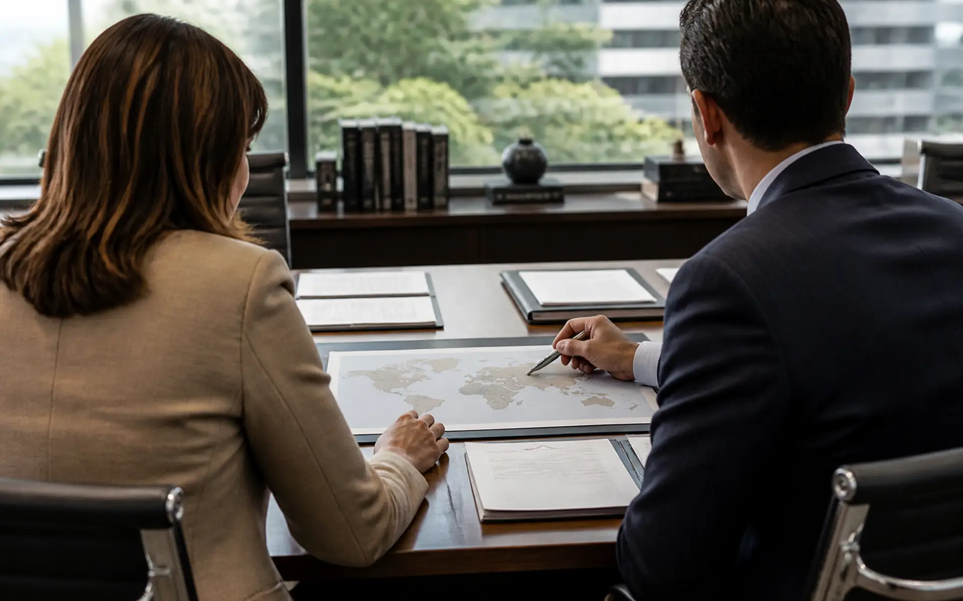Duas pessoas vistas de costas analisam mapa e documentos sobre dupla residência fiscal.