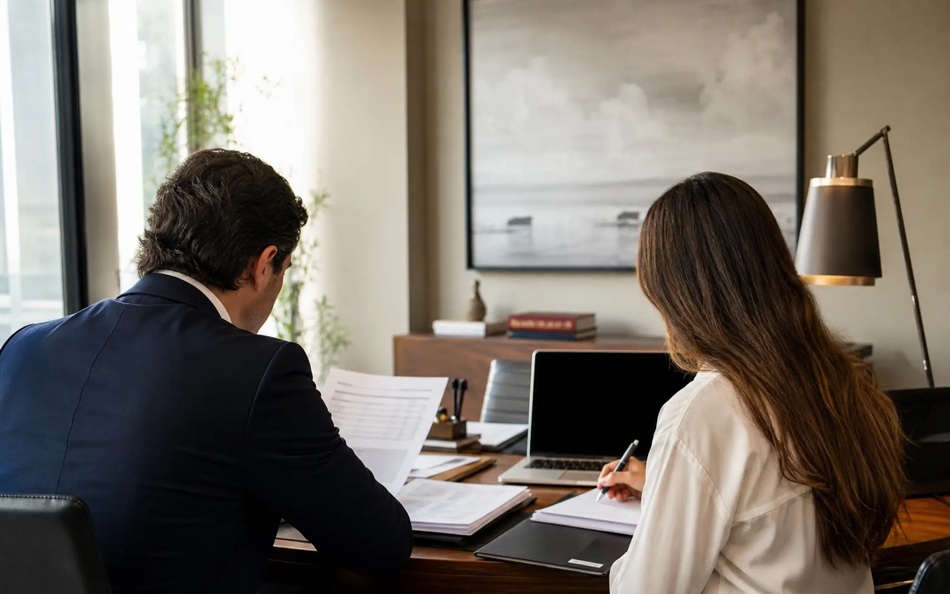 Duas pessoas vistas de costas analisam documentos de investimentos sobre Exit Tax brasileiro.