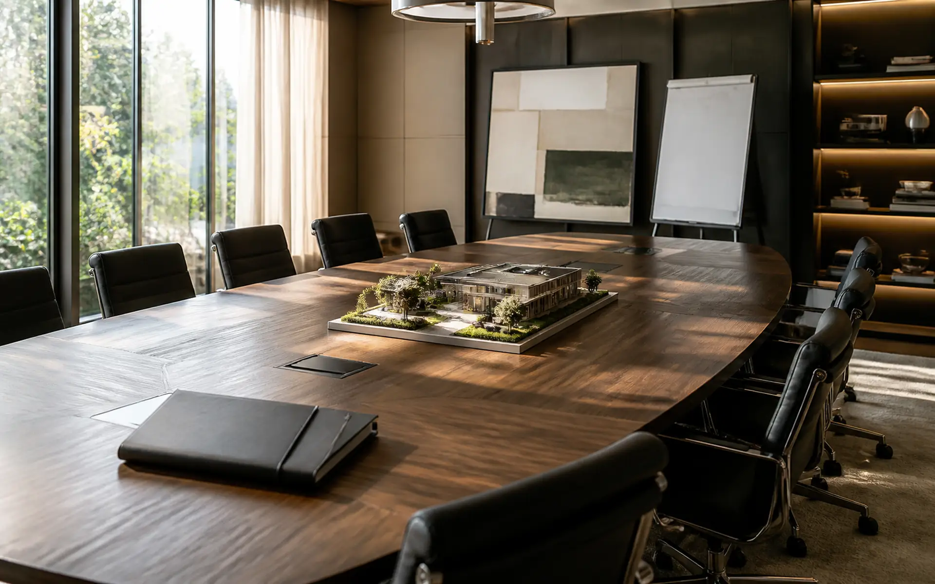 Sala de conselho vazia com maquete arquitetônica e materiais de planejamento patrimonial.