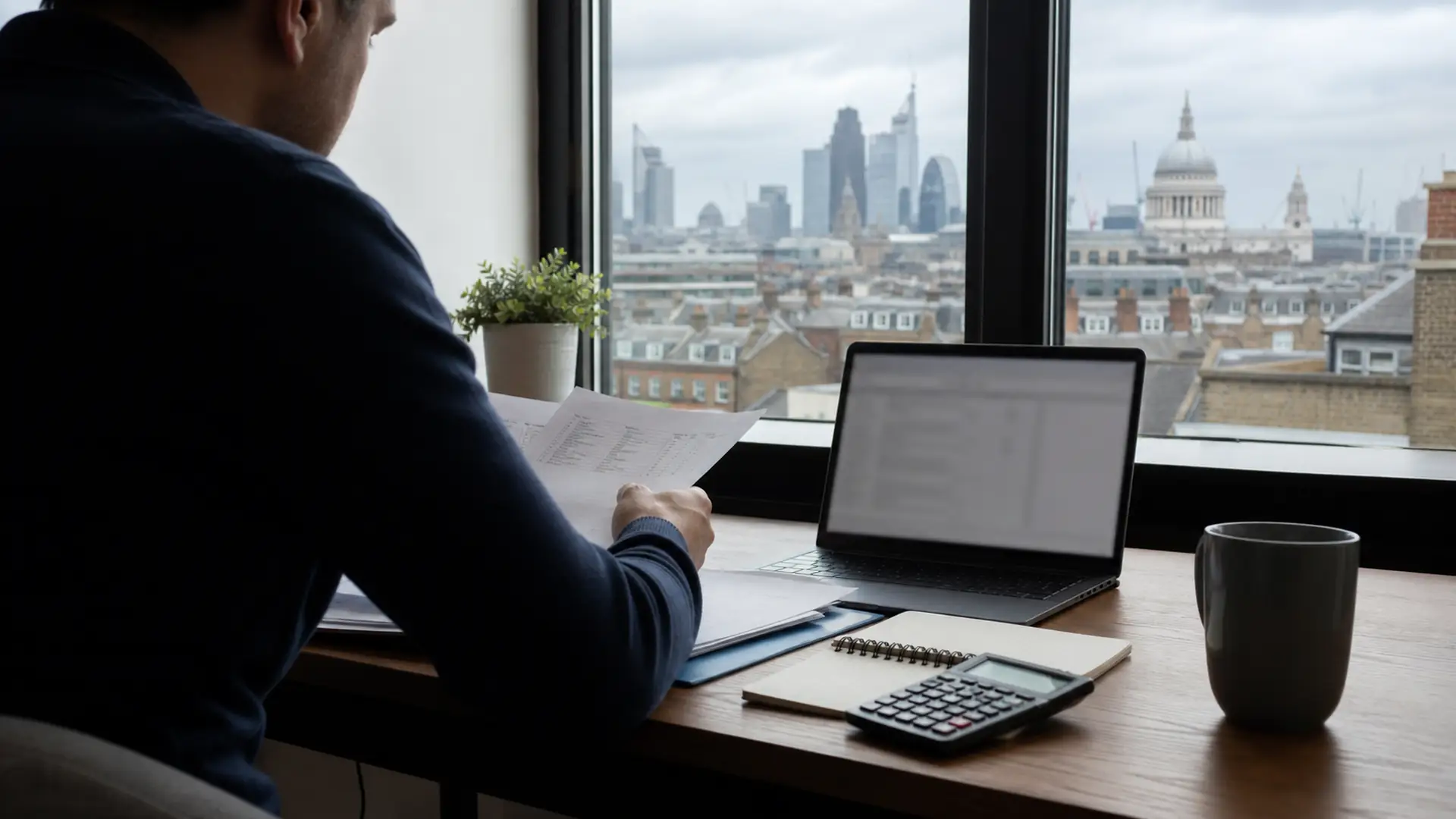 Brasileiro analisa documentos previdenciários em escritório com vista para Londres
