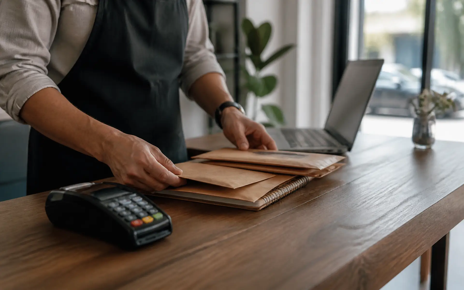Split payment: os impactos da nova sistemática de recolhimento do IBS e da CBS Profissional organiza envelopes e caderno ao lado de maquininha de pagamento e notebook em balcão comercial.