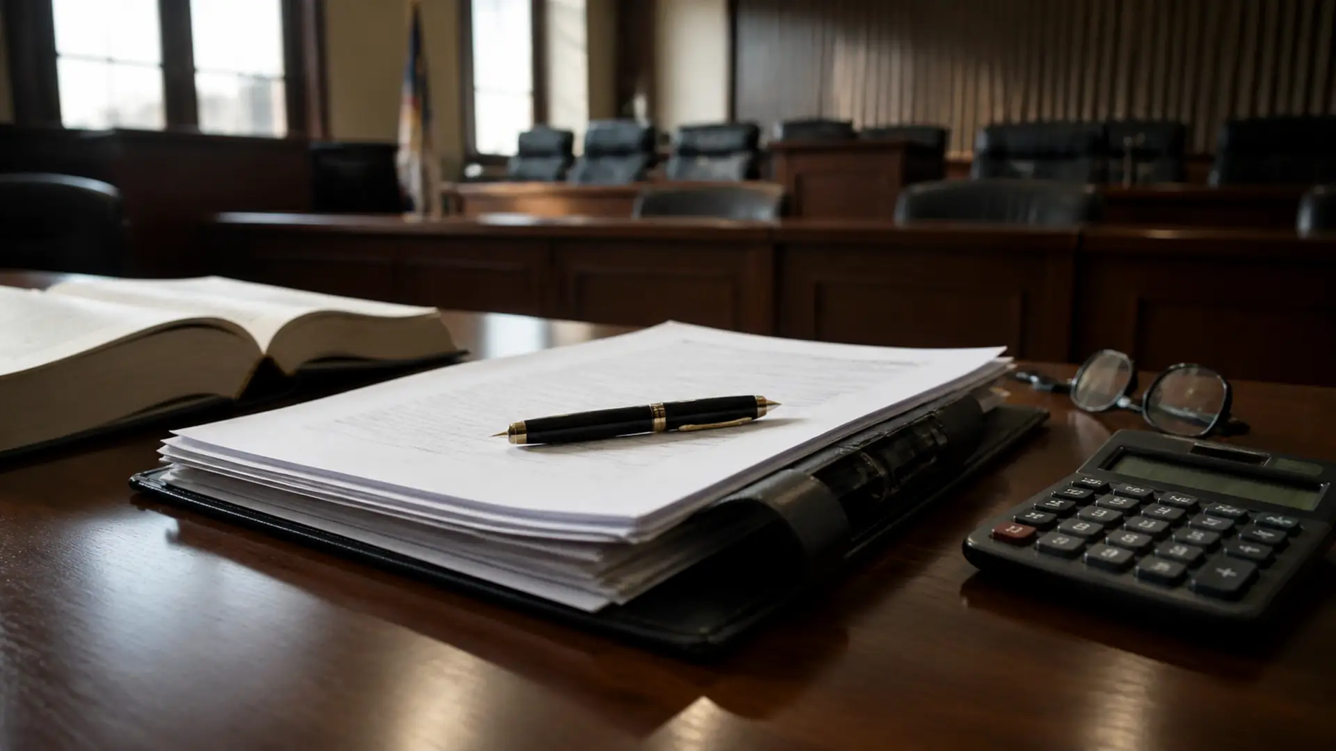 Documentos jurídicos, livro, calculadora e caneta sobre mesa em ambiente de tribunal