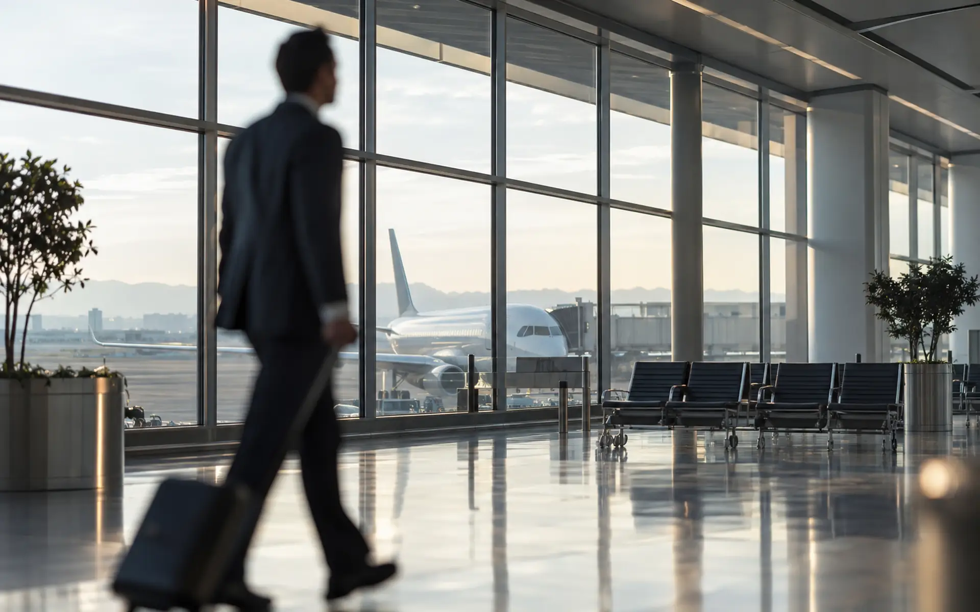 Profissional em aeroporto representando mobilidade internacional e saída fiscal