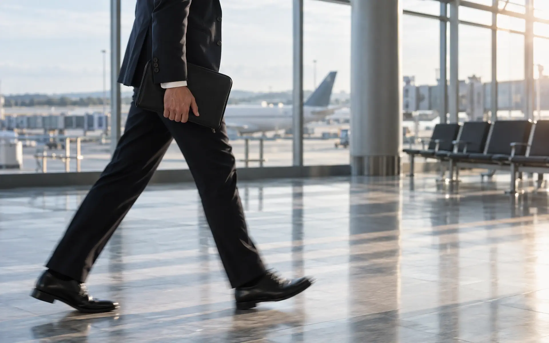 Profissional em aeroporto representando dupla residência fiscal e reporte internacional de patrimônio