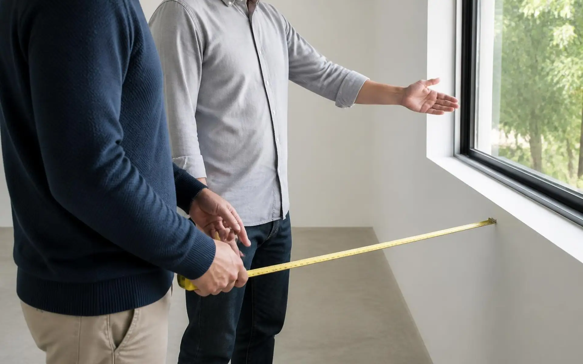 Duas pessoas sem rosto visível em apartamento vazio e claro: uma estende uma trena amarela até a parede junto à janela, a outra aponta para a janela com vista para árvores