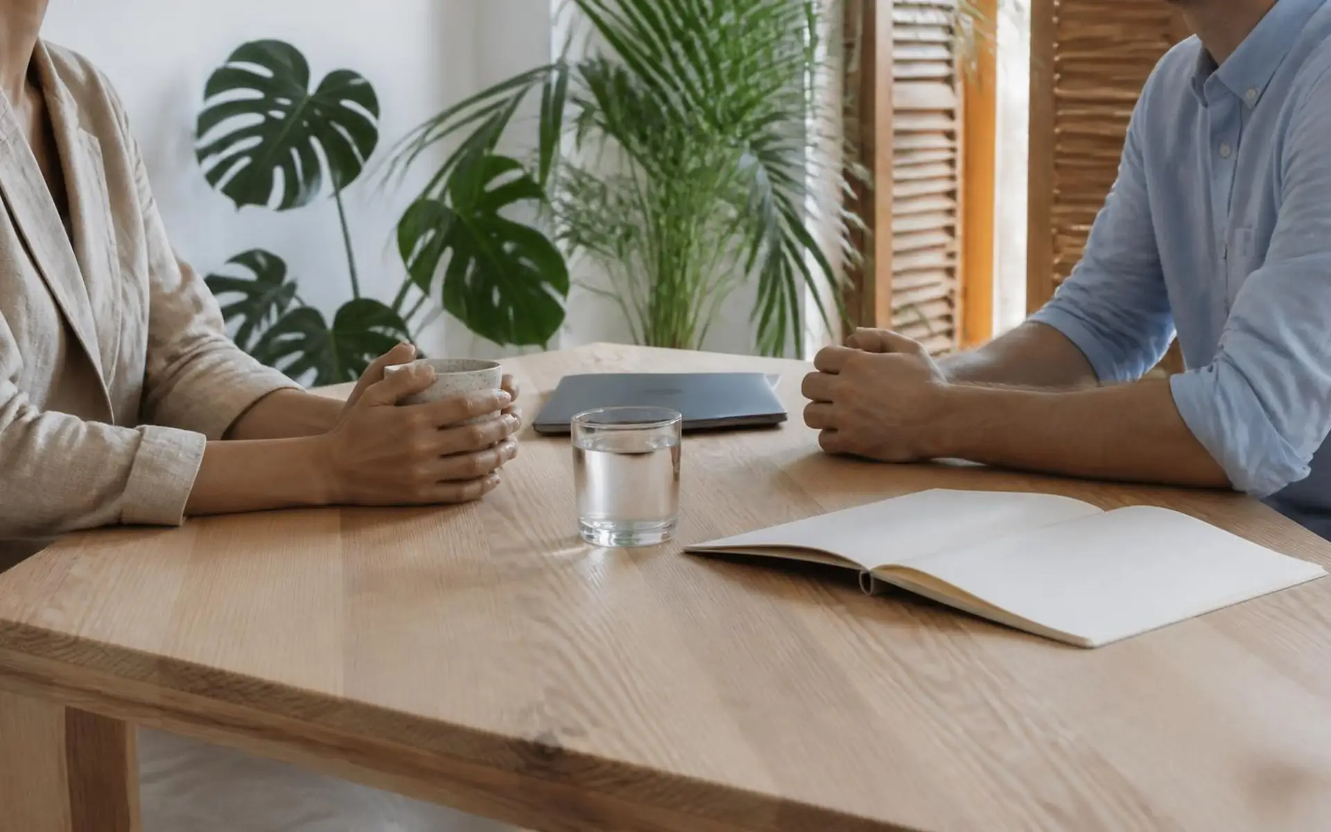 Duas pessoas sem rosto visível conversam em lados opostos de uma mesa de madeira clara, com xícara, copo d'água, notebook fechado e caderno aberto, em sala clara com plantas tropicais e venezianas de madeira