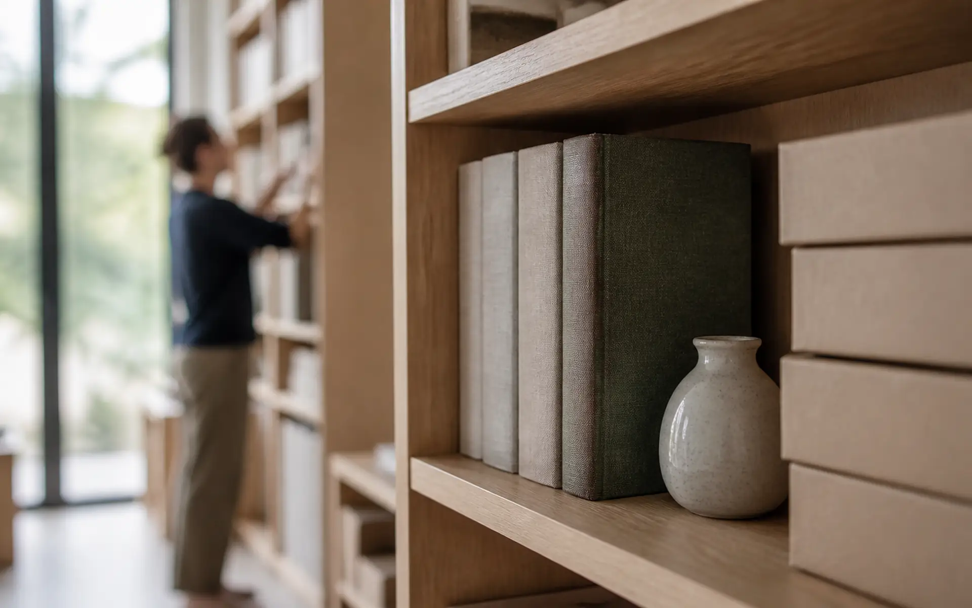 Planejamento patrimonial e a busca por estruturas mais eficientes Estante de madeira clara com livros de capa lisa, vaso de cerâmica e caixas organizadoras; ao fundo, pessoa desfocada reorganiza livros junto a uma janela