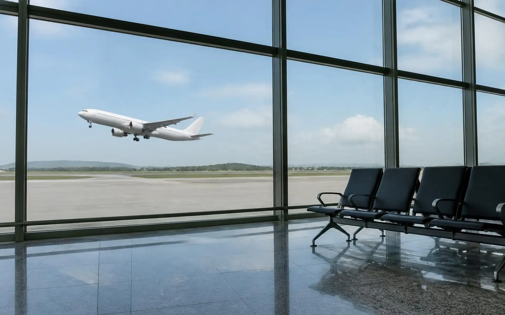 Avião comercial branco decolando da pista, visto através da grande fachada de vidro de um terminal de aeroporto com fileira de assentos vazios e piso de pedra reflexivo