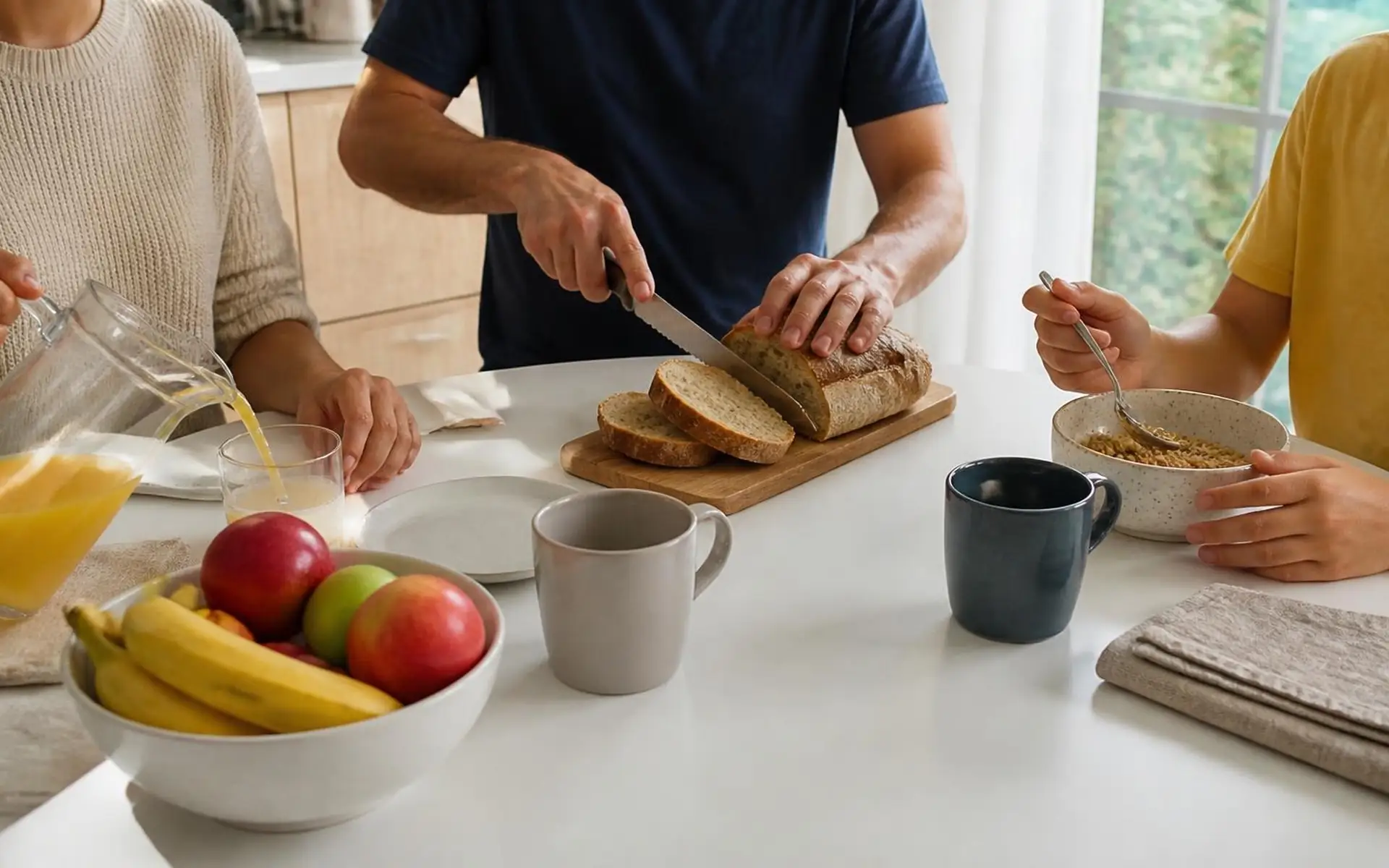 Família de três pessoas, enquadradas do peito para baixo, toma café da manhã em cozinha clara: uma pessoa serve suco, outra corta pão e uma criança come cereal